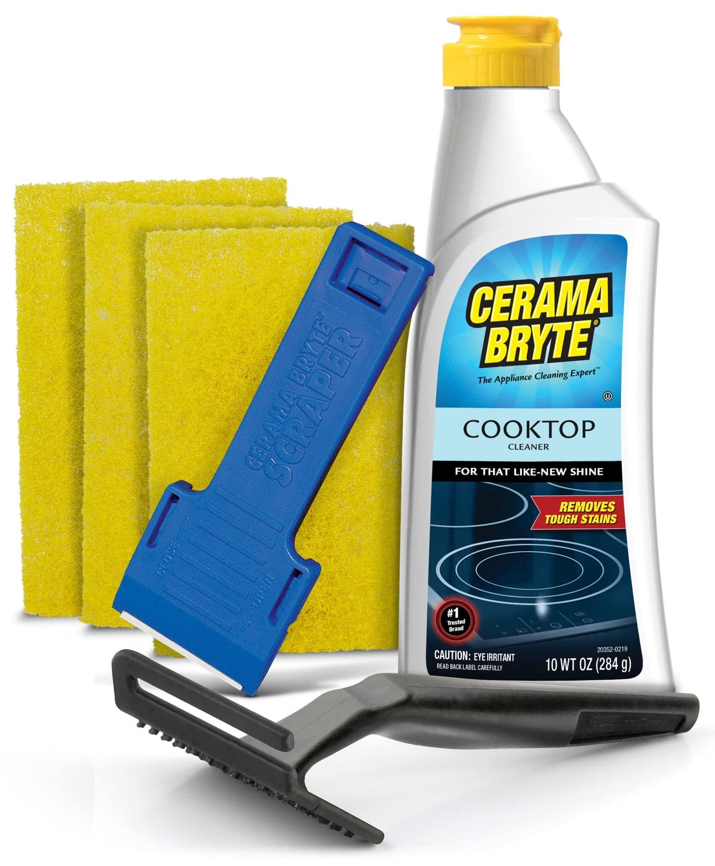 Cerama Bryte Glass Cooktop Cleaner Combo Kit with POW-R Grip, Scraper, 3 Pads Removes Tough Stains, Stovetop Cleaner for Glass - Ceramic Surfaces, 10 Ounces, 6 Piece
