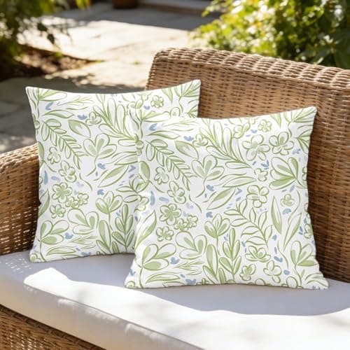 CaliTime Throw Pillow Covers Outdoor Waterproof Pack of 2 Cozy Elegant Blossoming Flowers Leaves Decorative Cushion Cases for Garden Patio Tent Balcony Couch Sofa 18 X 18 Inches Sage Green Grey Blue