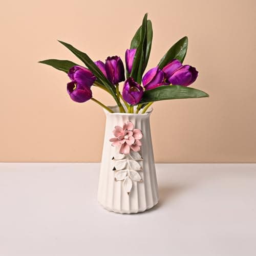 Market99 Off-White Ceramic Vase with Engraved Floral Pattern | Elegant Flower Holder for Home, Living Room, Bedroom & Office | Aesthetic Tabletop Pot for Modern Interior Décor & Gifting