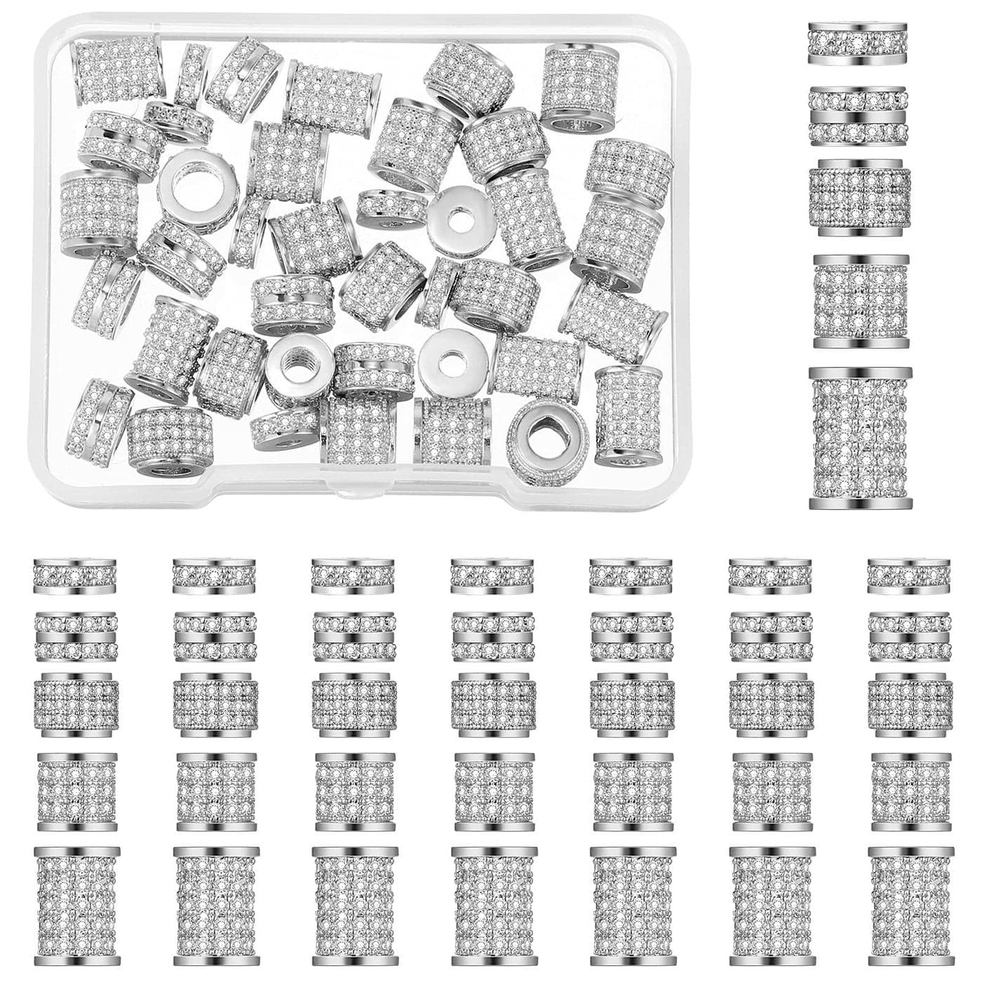 Yinkin 40 Pieces Zircon Rhinestone Beads Tube Column Pave Bead Charms Cubic Zirconia Big Hole Spacer Jewelry Bracelet Connector Crystal for DIYSilver