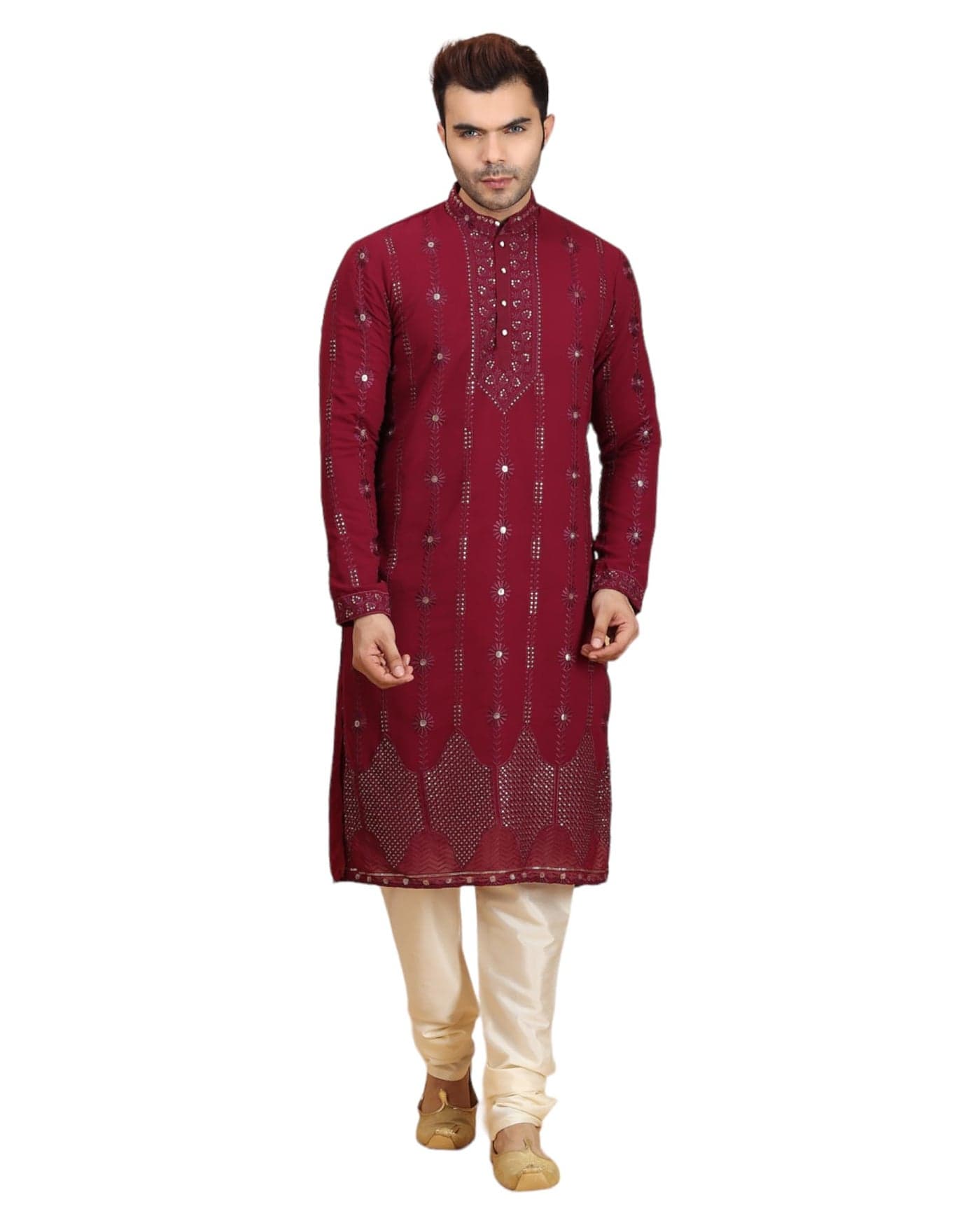 Ethluxis Men Georgette Embroidery Kurta Set(36, Maroon), Small