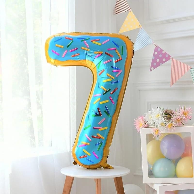 Atpata Funky Donut Candy Theme 34 Inch Number Shape Foil Balloons - Ideal for Birthdays & Celebrations - Vibrant 0 to 9 Numbers - Durable & Self-Sealing Party Decor Balloons (7)