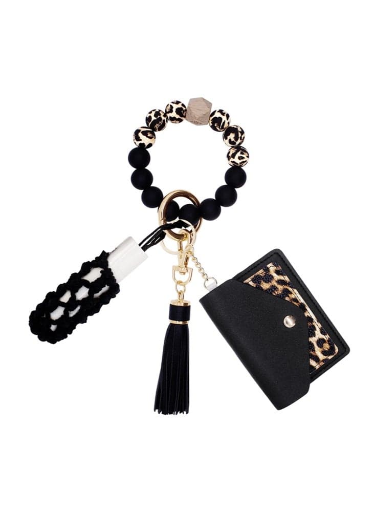 Boho Beaded Wallet Keychain-Wristlet Keychain Bracelet With Wallet Card Holder, Silicone Beaded Key Rings Bangle Wrist Keychain Set for Women