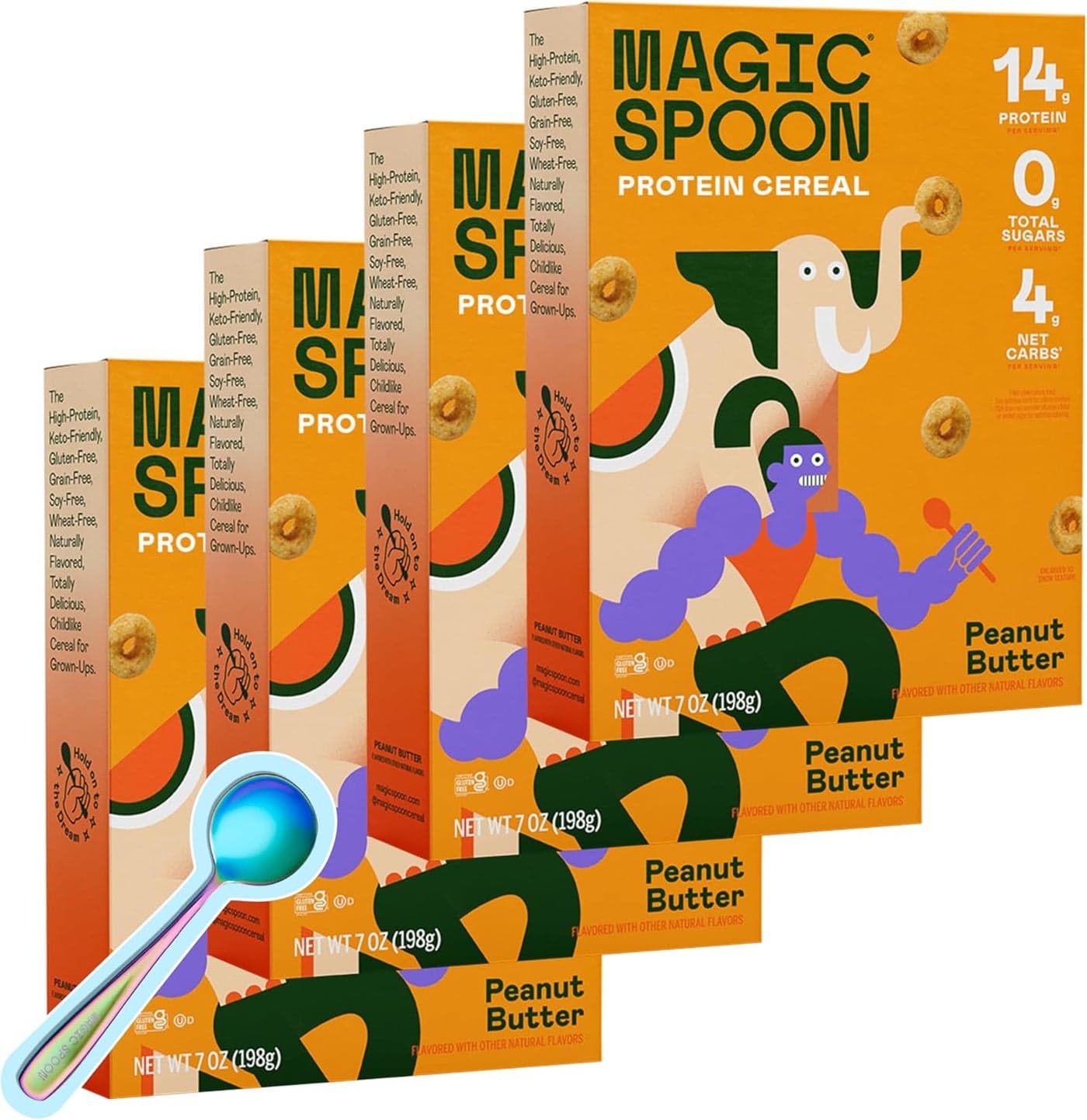 Magic Spoon High Protein Peanut Butter Cereal - 4 Pack of 7oz Boxes - Sugar Free, Gluten Free, Low Carb & Keto Friendly