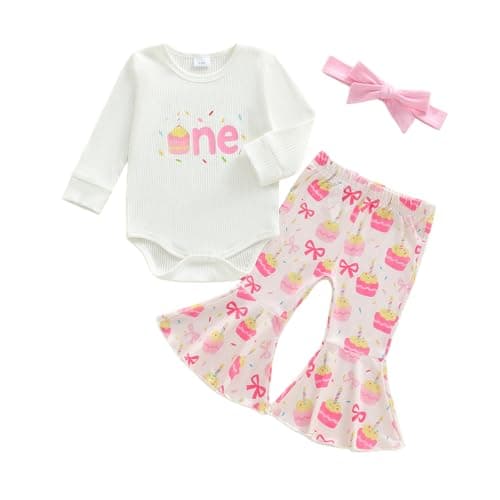 Lamuusaa Toddler Baby Girl Birthday Outfit One Romper Cake Bowknot Print Flared Pants Headband Cake Smash Outfit (White, 12-18 Months)