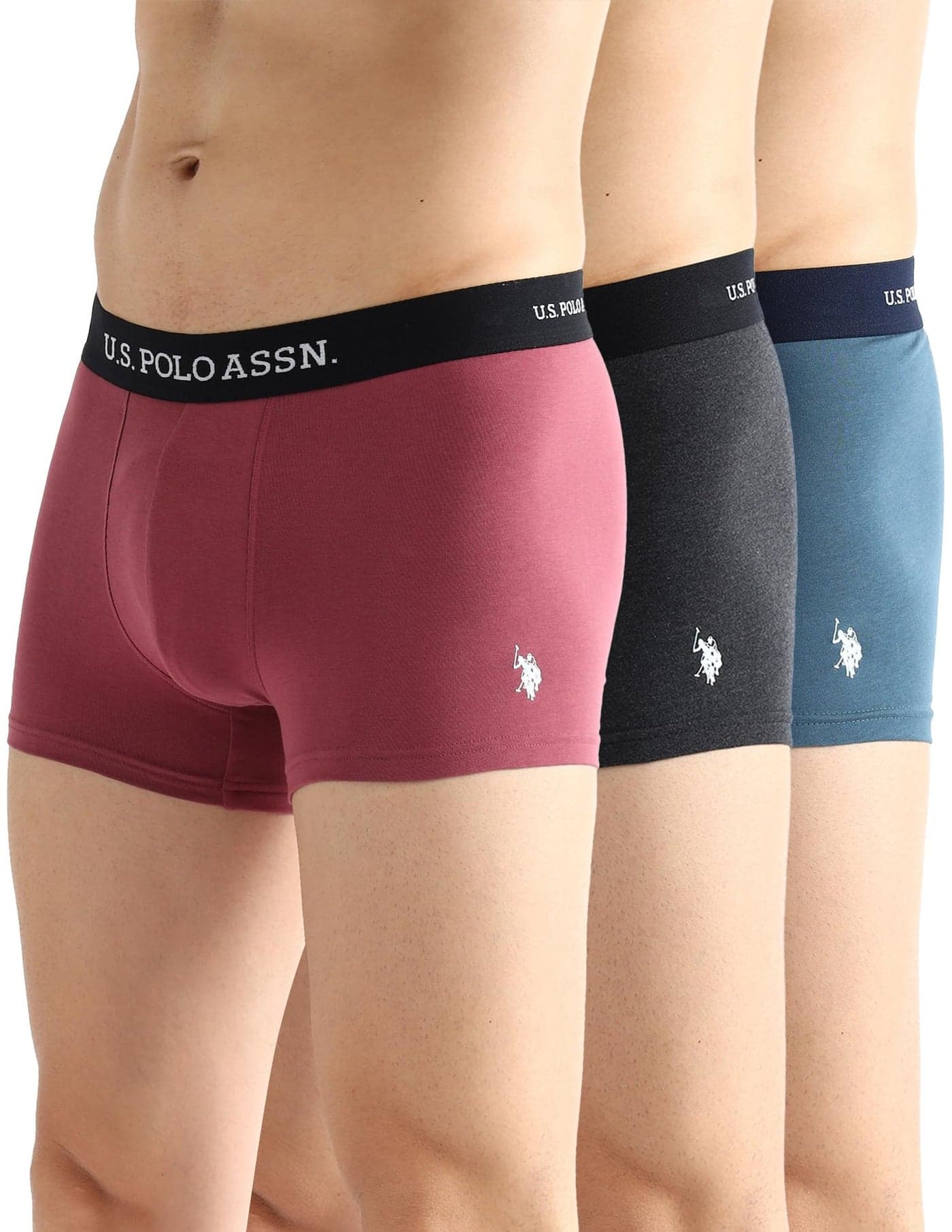 U.S. Polo Assn Mens Elasticized Waist Solid Underwear Trunks - Pack of 3 (Navy-Grey-Purple L)