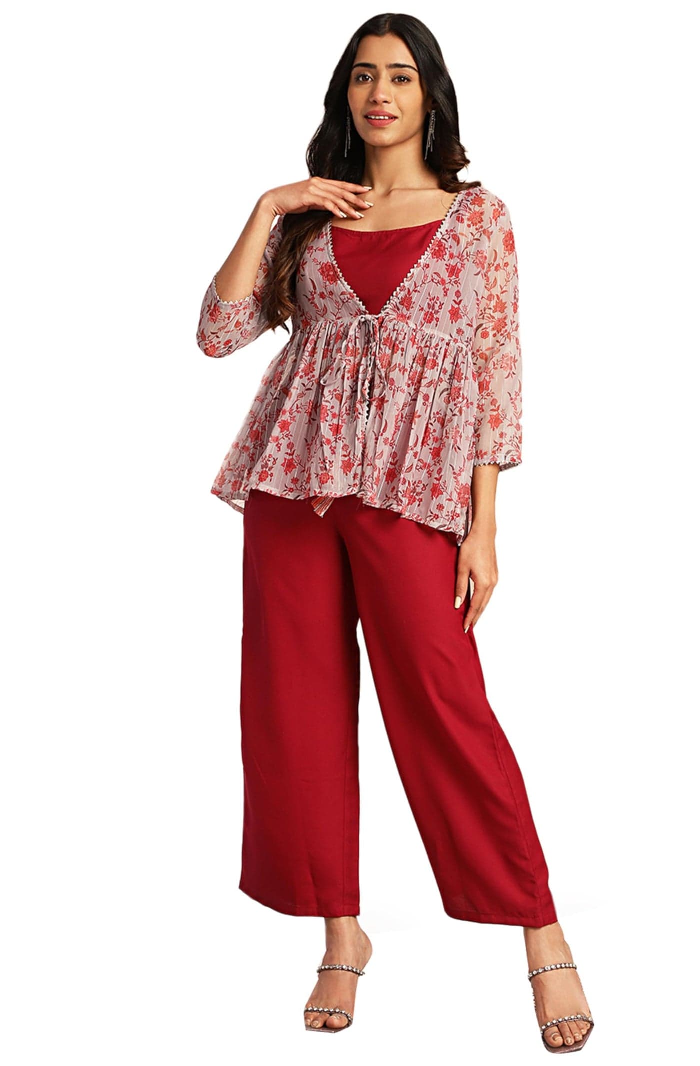 Janasya Women's Wine Moss Solid 3 Piece Jacket Set(SET822-TJ-STP-S)