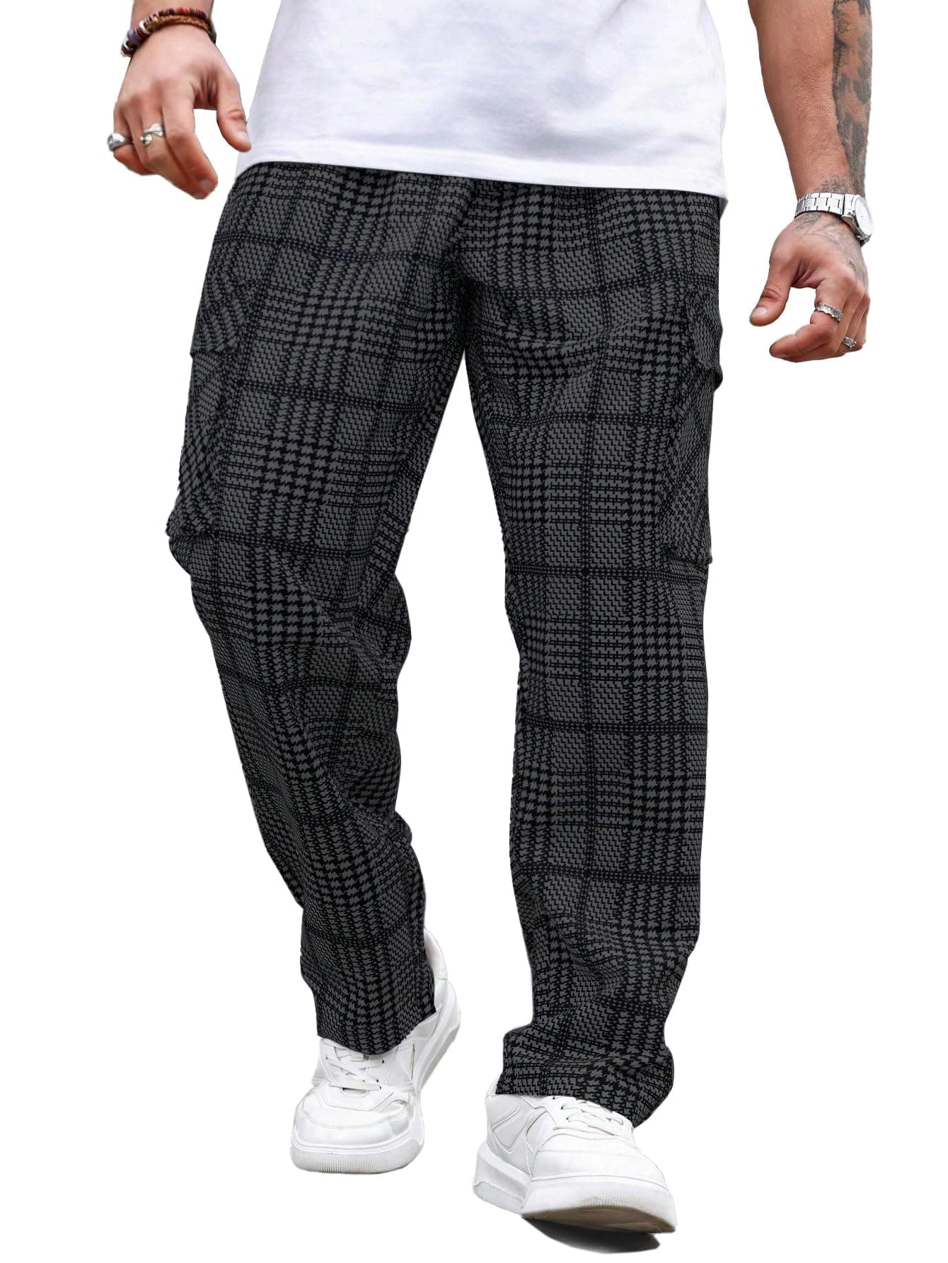 TAGDO Men's Plaid Cargo Pocket Straight Leg Relaxed Casual Pants (Chex-Pant-2039-Dark Grey-30)