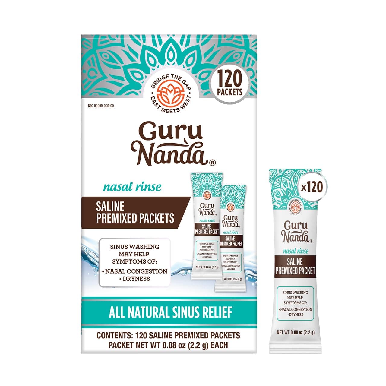 GuruNanda PreMixed Saline Packets for Nasal Rinse 120 Count All Natural Sinus Rinse Packets to Help with Allergies Congestion Relief 008oz Each