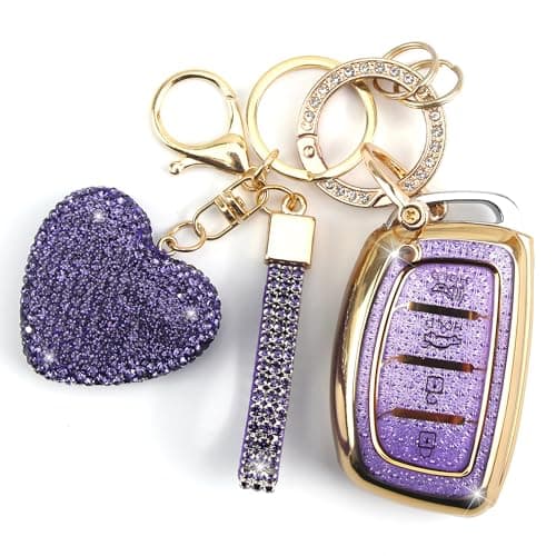 YIKECASE Key Fob Cover with Diamond Keychain Fit for Hyundai Car Key Holder Case Compatible with Elantra Ioniq Sonata Tucson Elantra GT Smart Remote Key Protector for Women 4 Buttons PurpleHeart