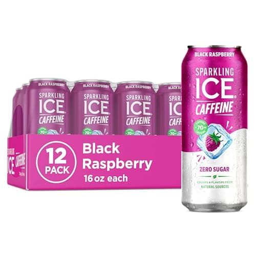 Sparkling Ice Caffeine Black Raspberry Sparkling Water with Caffeine Zero Sugar with Antioxidants and Vitamins16 fl oz Cans Pack Of 12