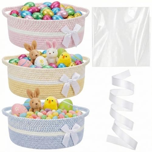 Colingmill 3 Pack Graduation Small Bow Woven Basket Empty with Handles Gift Bags and Ribbon 12 x 8 x 5 Gift Baskets to Fill Storage Box Pet Toy Wedding PresentsCandy Color