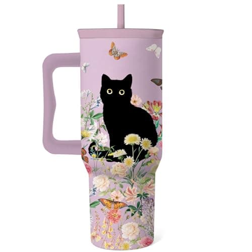 RHONGE Cat Lover Gifts For Women, Stainless Steel Tumbler With Handle 40 Oz, Best Gifts For Cat Lovers, Birthday Christmas Valentine Anniversary Floral Gift For Women, Floral Tumbler Mug Cup