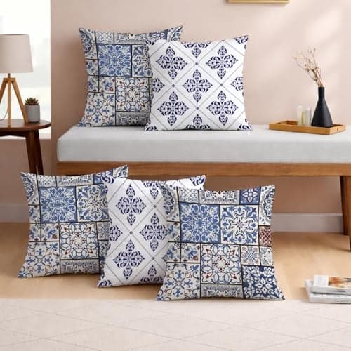 STITCHNEST Ethnic Persian Art Box Printed Poly Cotton Blue Brown Cushion Covers,Set of 5 (12 x 12 Inches with Filler)