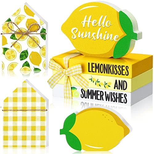 Maitys 5 Pcs Summer Tiered Tray Set - Lemon Sunflower Beach Watermelon Mini Faux Books Stack with Twine Summer Wood Table Decor Starfish Truck Gnome Sign