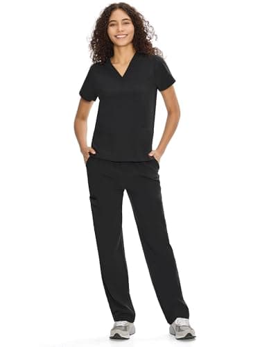 COZYFIT Scrubs for Women Set Medical Uniform - V-Neck Top & Straight Leg Pants with 9 Pockets, Wrinkle-Resistant Unisex Workwear, Black, M