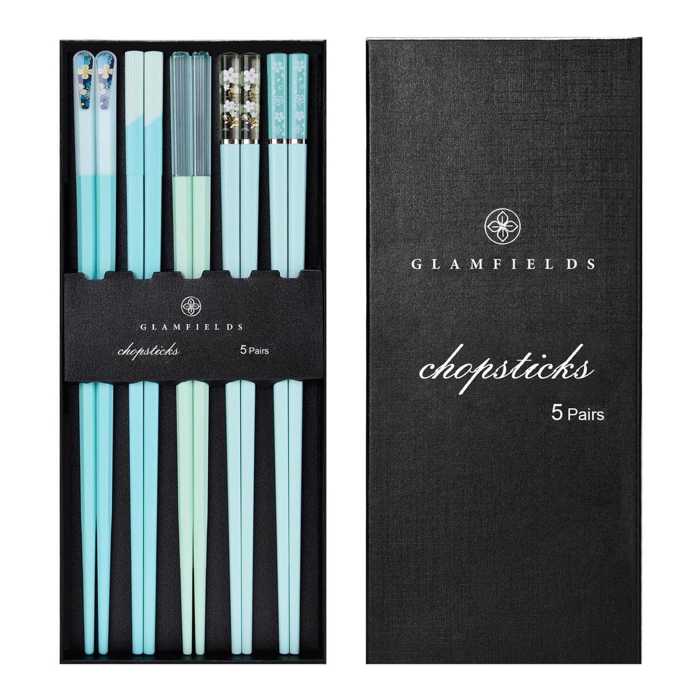 Chopsticks Reusable Dishwasher Safe GLAMFIELDS 5 Pairs 95 Inches Premium Chop Sticks Set for Sushi Ramen Asian Cuisine Matte Nonslip with Gift Case Light Blue