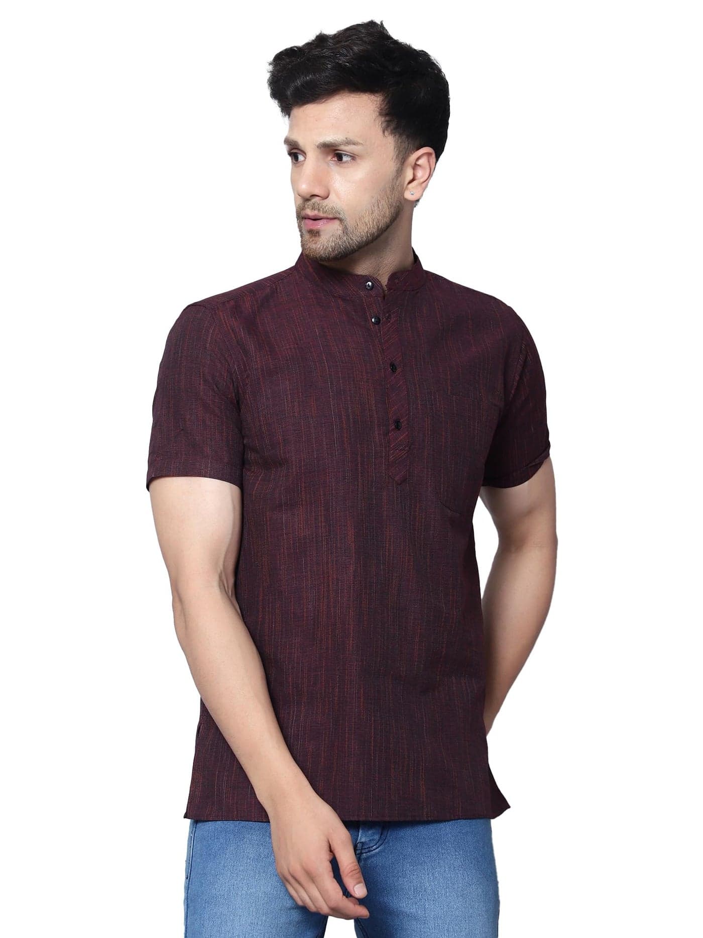 LATEST CHIKAN Men's Cotton Blend Regular Textured Short Kurta Half Sleeves - Casual Ethnic Wear -SK-DBL-M-42 Maroon