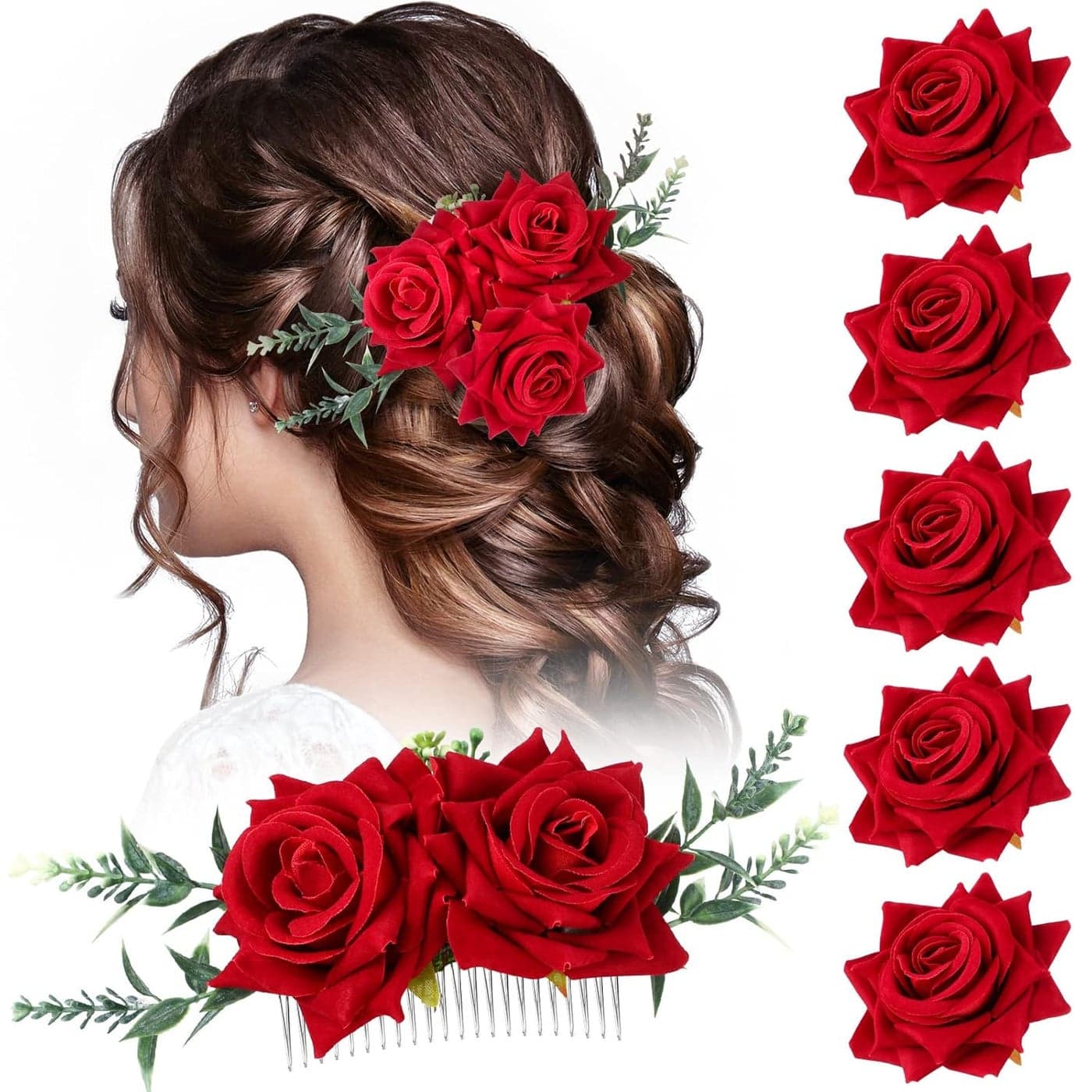 Geyoga Rose Flower Hair Accessories Set for Women 6 Pcs Hair Clips Comb Headpiece Hairpin Brooch for Bridal Wedding Dancing Party Red