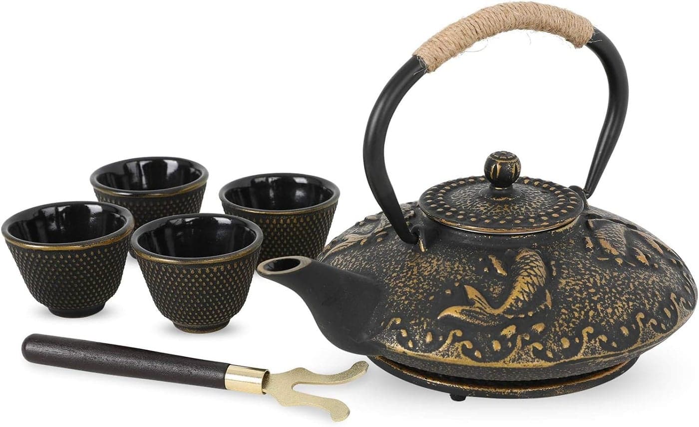 CBEX Cast Iron Teapot Japanese Style Tetsubin Tea Kettle with Infuser Iron Tea Set Gift for Adult Father Mother Family Black Golden Koi Fish Pattern750ml