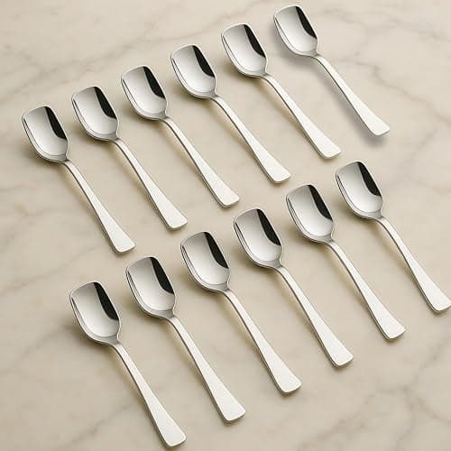 Vemlons Ice Cream Spoon Stainless Steel Set of 12 Icecream Spoons, Silverware Spoon Set, Dinner Spoon 14cm, Food Grade Silverware for Home & Kitchen, Durable Stylish, 12 Silver Spoons