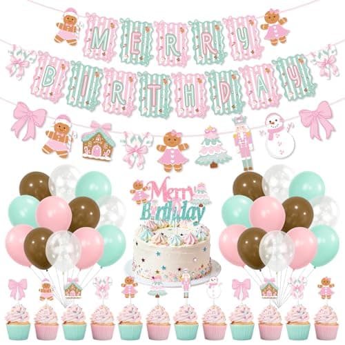 Pink Green Christmas Birthday Party Decorations Bows Gingerbread Theme Merry Birthday Banner Cake Cupcaks Toppers Transparent Snowflake Balloons for Christmas Bday Decor Holiday Xmas Party Supplies