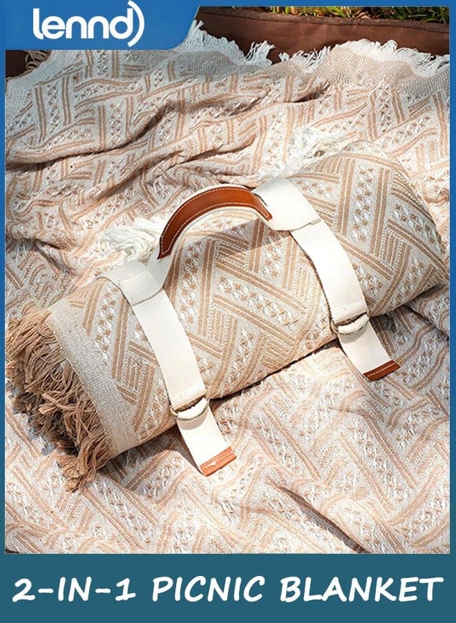 2 in 1 Extra Large Outdoor Picnic Blanket Waterproof Woven Boho Mat Giant Beach Towel Travel Essential Yoga Accessories Park Patio Lawn Garden Grass Ground Music Festival Concert Must Have