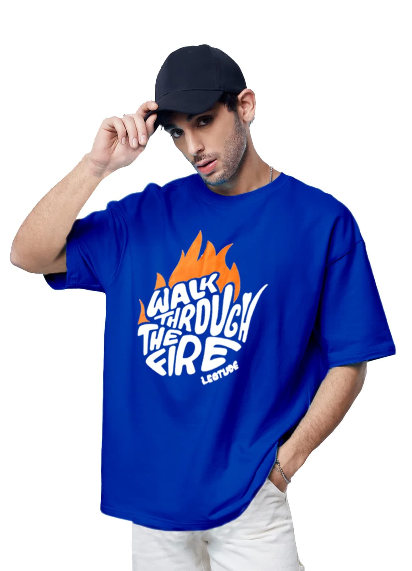 LEOTUDE Men's Cottonblend Oversized Half Sleeve Round Neck Tshirt (FS49_Blue_FIRE_P_Blue_3XL)