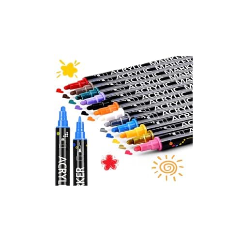 PTAZSCTC 12 Colors Dual Tip Acrylic Paint Markers Fine Tip and Dot Tip Paint Pens Acrylic Paint Pens for Rock Painting Wood Glass Ceramic Fabric Metal Plastic Paper Canvas DIY Art Supplies