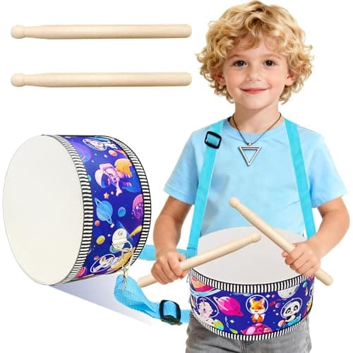 Kid Drum Set8 Inch Wooden Drum ToysSensory Educational Musical Instrument Toy with Adjustable Strap2 Drumsticks for ToddlerBaby Girls Boys Astronauts Animals Dinosaurs