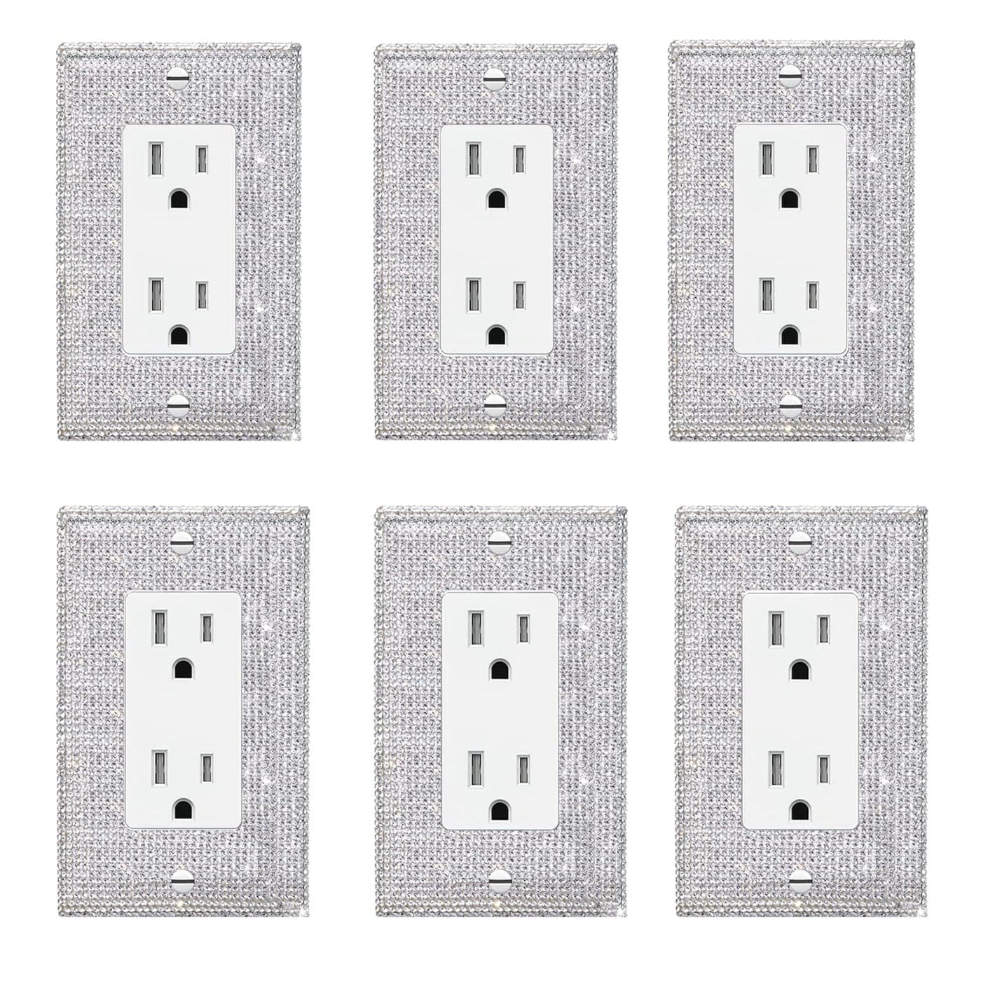 Gaocai 6 Pcs Silver Shiny Silver Rhinestones Outlet Covers Wall Plates Light Switch Cover Decorative Outlet Cover Switch Plates And Outlet Covers