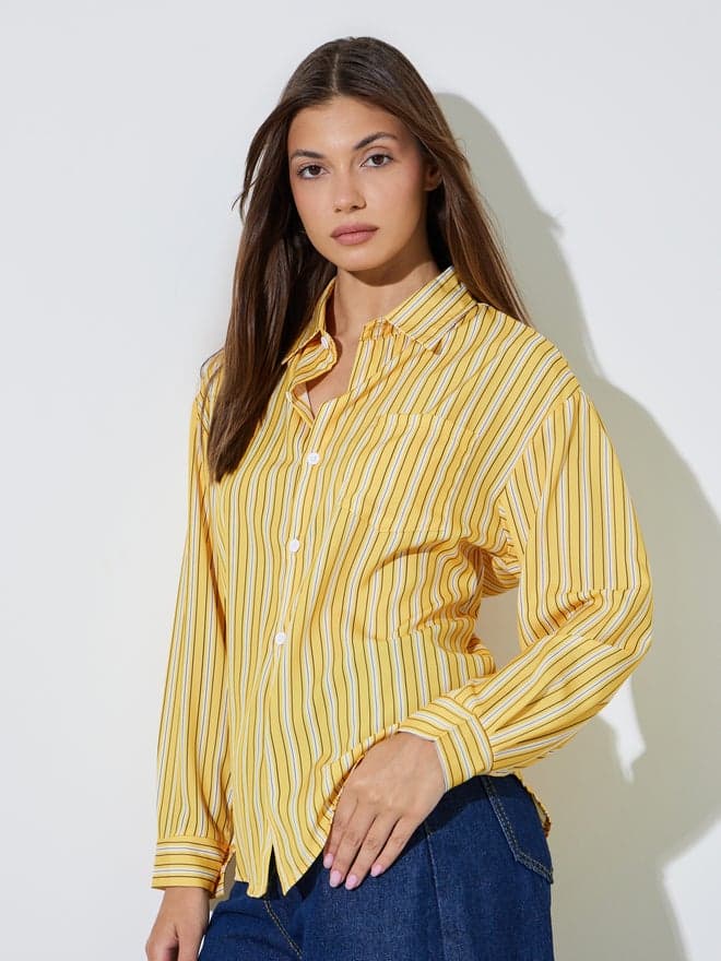Styli Yellow Striped Long Sleeve Button-Up Shirt — M