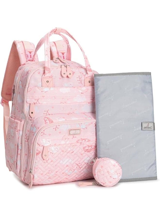 BabbleRoo Diaper Bag Backpack - Baby Essentials, Travel Essentials Baby Bag with Changing Pad, Stroller Straps & Pacifier Case - Unisex, Pink Birdy