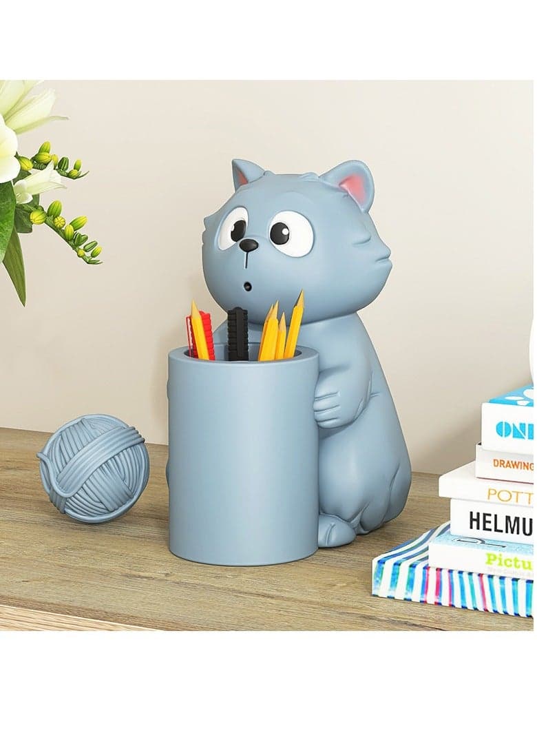 Cat Pen Holder Ornament Home Accessories Cute Children Boys Girls Desktop Desk Office Storage Bucket Gift (Blue)