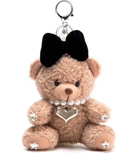 YILANFULL Cute Bear Keychains for Women,Plush Teddy Bear Bag Charm with Silver Heart Key Chain Accessories,Charms for Purse Handbags, Backpacks, Wallet