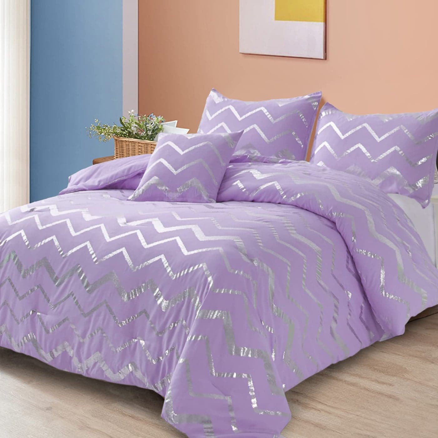 Menghomeus PurpleSilver Comforter Set Twin Lavender Metallic Print Glitter Bed Comforter Cute Shinny Bedding for Teen Girls Kids Women 3 Piece 1 Pillowcase 1 Decorative Pillow Sham