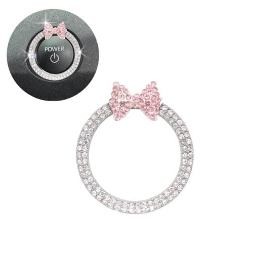 ORIESSE Pink Bow Car AccessoriesBow Tie Engine Start Button RingBling Girly Silver Rhinestone Ring Start Stop Button Car Decor for WomenIgnition Ring Car Charm