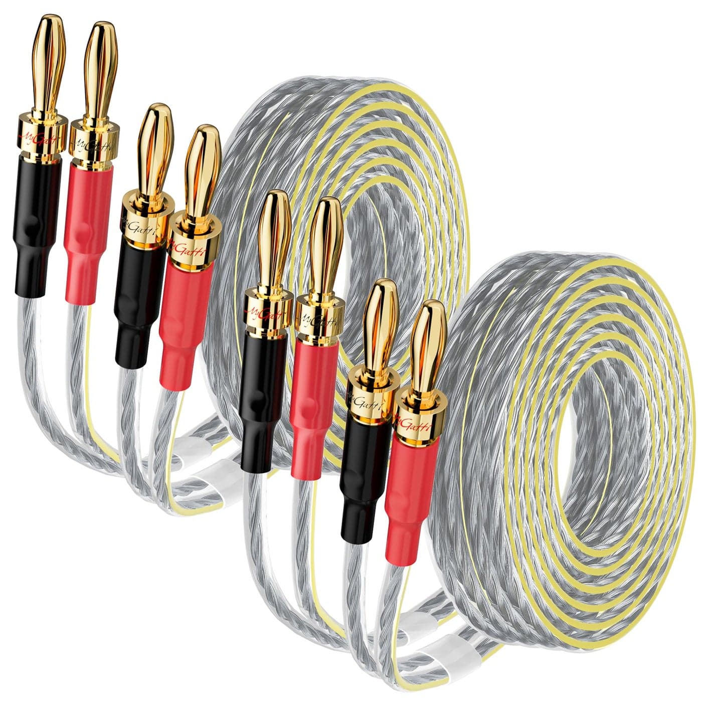 Mygatti 2 Pack 16/2 Speaker Flat Wire Cable with Banana Tip Plugs 15 FT, UL CL3 Rated, 16 Gauge AWG Wire, Tinned OFC Copper, Transparent Jacket with Yellow Polarity Marker, for Indoor & Outdoor, Hi-Fi