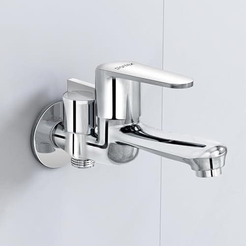 Plantex Pure Brass 2 in 1 Tap for Washing Machine/2-Way Bib Cock for Bathroom with Water Saving Aerator/Bib Cock with Brass Wall Flange and Teflon TapeTape (DOL-2305, Chrome)