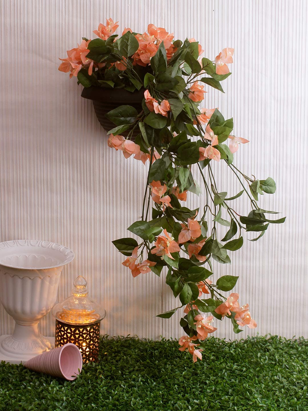 Fourwalls Polyester Fabric and Plastic Artificial Bougainvillea Flower Bush Peach 20 cm x 20 cm x 110 cm