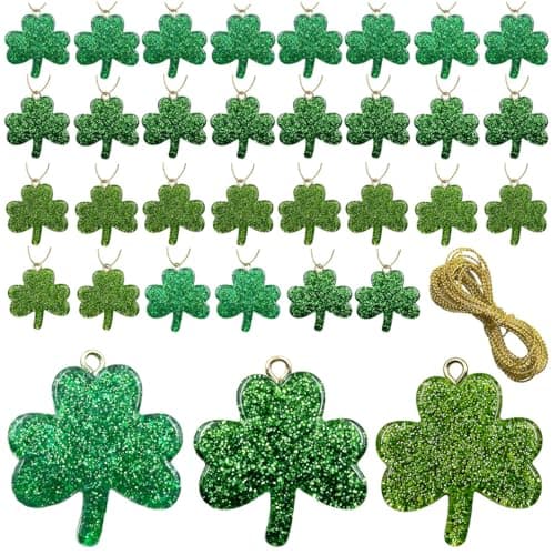30Pcs Resin Shamrock Ornament St Patricks Day Decorations Mini Glitter Shamrock Good Luck Clover Hanging Ornaments for Irish Day St Patrick's Day Spring Home Table Tree Party Supplies Green Decoration
