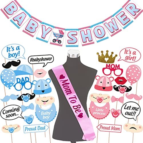 Wobbox Baby Shower Decoration Items| Baby Shower Ceremony Photo Booth Props for Photoshoot, Baby Shower Banner& Mom to Be Sash, Godh Bharai Ceremony Decoration Kit-(FP1945)