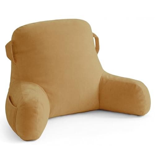 Unisakey Portable Comfy Reading Pillows for Bed Sitting Up(Camel Oeko-Tex), Velvet Back Pillow with Arms & Pockets for Adults, Support Memory Foam Bed Pillow for Dorm/Reading/Watching/Gaming