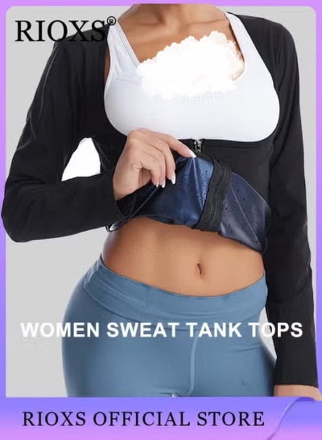 Women's Sauna Suit, Sweat Body Shaper Jacket Long Sleeves Hot Waist Trainer for Ladies, Lightweight Comfortable Compression Shapewear Tops, Underbust Tummy Control Body Shaper Corset with Zipper, Sweat Fitness Shirt, Sauna Effect Tops, Weight Loss Waist Trainer for Ggym, Fitness, Running, Cycling, J