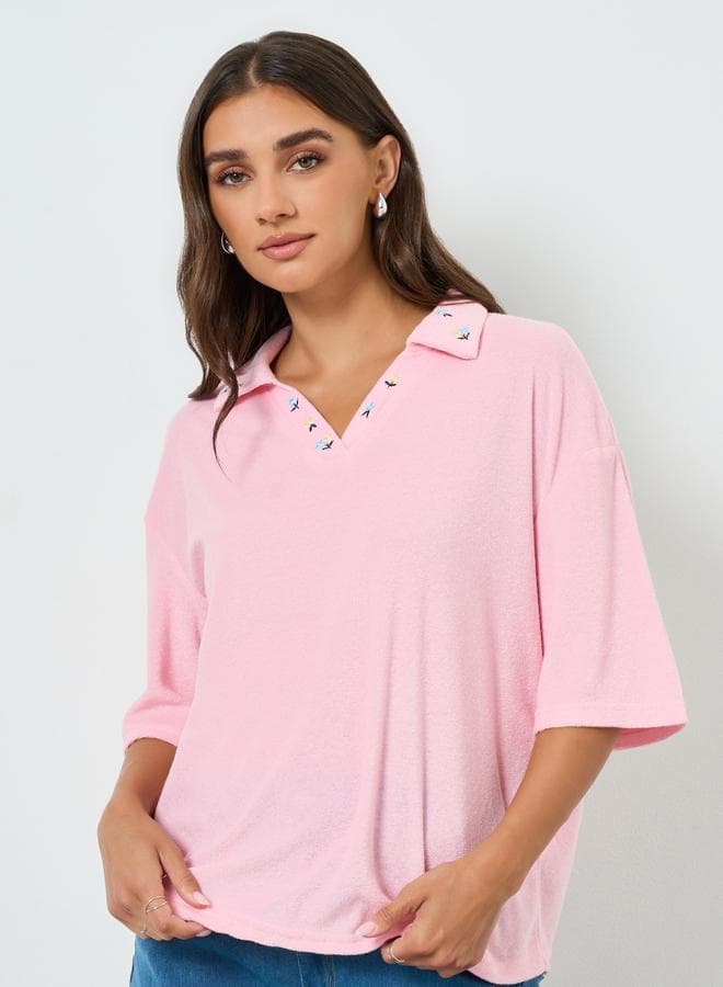 Women Pink Embroidered Polo T-Shirt