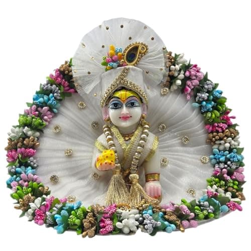 Vrindavanstore.in Premium White Laddu Gopal Dress for Janmashtami | Full Set with Floral Border, Golden Pearl Patka, Pagdi & Mukut | Festive Poshak for Thakur Ji Idol (Size 0)