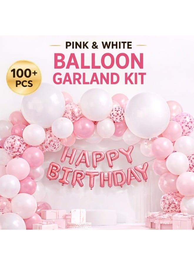 Pink White Balloon Garland Kit 100 plus pcs with Confetti Balloons & Happy Birthday Banner | DIY Party Decoration Set with Balloon Chain & Glue Dots