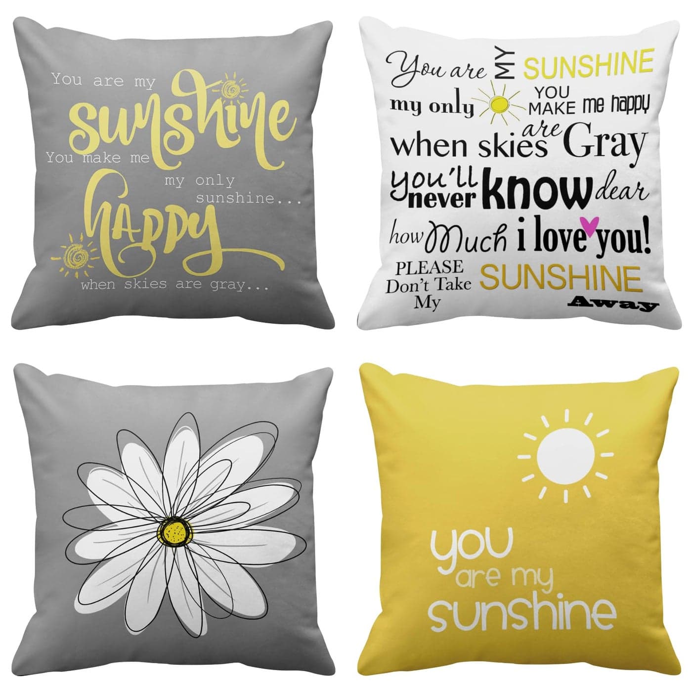 Emvency Set of 4 Throw Pillow Covers You are My Sunshine Yellow Gray with Words Decorative Pillow Cases Home Decor Square 18x18 Inches Pillowcases