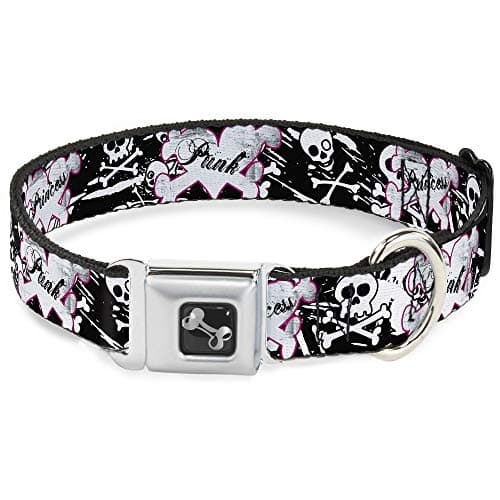 Buckle-Down Dog Collar Seatbelt Buckle Punk Princess Heart Cross Bones Skulls Splatter Black White, Multicolor, 1.5" Wide - Fits 13-18" Neck - Small (DC-W31689-WS)