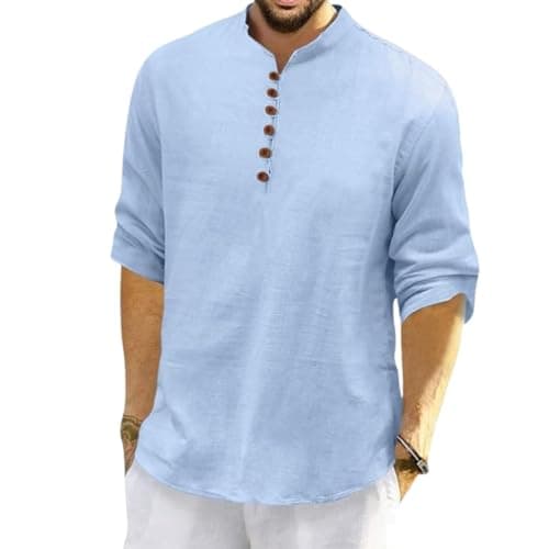ROYALSCOUT Men's Cotton Polyester Blend Solid Regular Fit Full Sleeve Short Kurta Sky